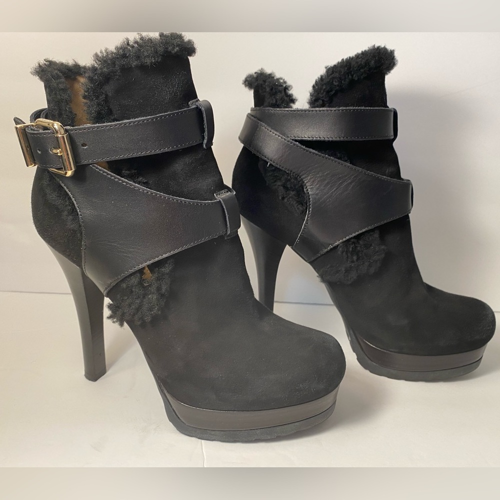 Fendi suede fur trim booties ankle boots heels black 38